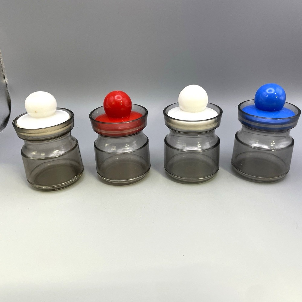 Vtg 4 MCM Storage Jars Desk Organization Red Blue White Ball Lids Retro *Read